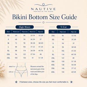 K&ouml;nnte beinhalten: Eine Gr&ouml;&szlig;entabelle f&uuml;r Bikinihosen der Marke Nautive mit zwei Tabellen f&uuml;r High-Waist- und V-Cut-Modelle. Die Tabelle zeigt Gr&ouml;&szlig;en von XS bis 6XL mit Taillen- und H&uuml;ftma&szlig;en in Zentimetern und Zoll sowie eine erl&auml;uternde Abbildung.