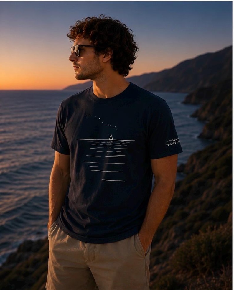 Könnte beinhalten: Ein dunkelblaues Kurzarm-T-Shirt mit einer weißen Grafik eines Segelboots auf dem Wasser unter einem Sternenhimmel. Auf dem Ärmel befindet sich der Schriftzug NAUTIV in Weiß. Das T-Shirt hat einen Rundhalsausschnitt und eine Standardpassform.