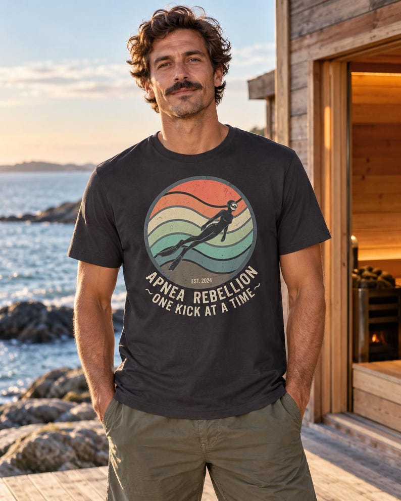 K&ouml;nnte beinhalten: Ein anthrazitfarbenes Kurzarm-T-Shirt mit einer kreisf&ouml;rmigen Grafik auf sonnenuntergangsfarbenem Hintergrund, einer Silhouette eines Apnoetauchers und dem Text "APNEA REBELLION EST. 2024 ~ONE KICK AT A TIME~". Das T-Shirt hat einen Rundhalsausschnitt.