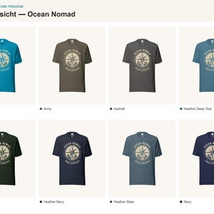 Op de afbeelding: Een kleuroverzicht getiteld Farb&uuml;bersicht &mdash; Ocean Nomad met acht t-shirts met korte mouwen in verschillende kleuren, waaronder aqua, army, asphalt, heather deep teal, heather emerald, heather navy, heather slate en navy, elk voorzien van een kompasafbeelding.
