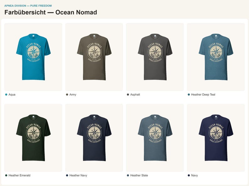 Op de afbeelding: Een kleuroverzicht getiteld Farb&uuml;bersicht &mdash; Ocean Nomad met acht t-shirts met korte mouwen in verschillende kleuren, waaronder aqua, army, asphalt, heather deep teal, heather emerald, heather navy, heather slate en navy, elk voorzien van een kompasafbeelding.