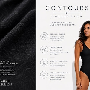 Peut inclure: Un maillot de bain une pi&egrave;ce noir avec un motif topographique subtil repr&eacute;sentant les profondeurs de l'oc&eacute;an. Fabriqu&eacute; en polyester recycl&eacute; double &eacute;paisseur, il est r&eacute;sistant au chlore et offre une protection solaire UPF 50+.