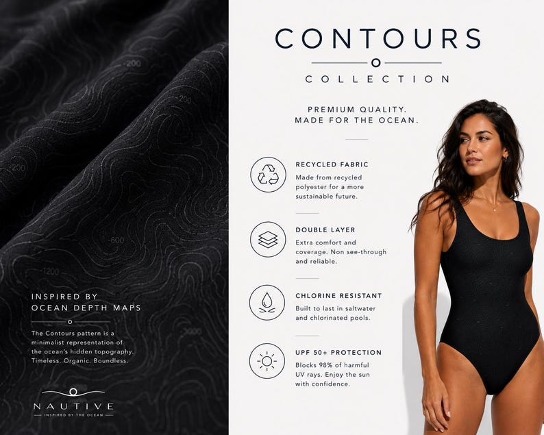 Peut inclure: Un maillot de bain une pi&egrave;ce noir avec un motif topographique subtil repr&eacute;sentant les profondeurs de l'oc&eacute;an. Fabriqu&eacute; en polyester recycl&eacute; double &eacute;paisseur, il est r&eacute;sistant au chlore et offre une protection solaire UPF 50+.