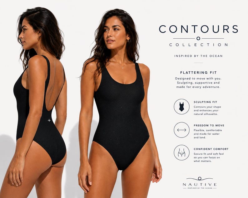 Peut inclure: Un maillot de bain une pi&egrave;ce noir avec une encolure d&eacute;gag&eacute;e et des &eacute;chancrures hautes. Le texte &agrave; droite indique : CONTOURS COLLECTION, INSPIRED BY THE OCEAN, FLATTERING FIT, SCULPTING FIT, FREEDOM TO MOVE, CONFIDENT COMFORT, et NAUTIVE.