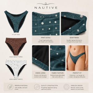 K&ouml;nnte beinhalten: Eine Kollektion von Nautive Bikinihosen mit drei Stilen: ein V-Cut in Blaugr&uuml;n, ein High-Waist in Terra und ein High-Waist in Wei&szlig;, alle mit Punktemustern. Das Bild enth&auml;lt Nahaufnahmen der Stoffstruktur, Zickzack-N&auml;hte und des Innenfutters sowie eine Ansicht der blaugr&uuml;nen Bikinihose an einem K&ouml;rper.
