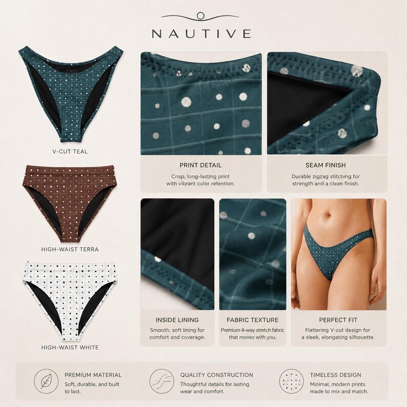K&ouml;nnte beinhalten: Eine Kollektion von Nautive Bikinihosen mit drei Stilen: ein V-Cut in Blaugr&uuml;n, ein High-Waist in Terra und ein High-Waist in Wei&szlig;, alle mit Punktemustern. Das Bild enth&auml;lt Nahaufnahmen der Stoffstruktur, Zickzack-N&auml;hte und des Innenfutters sowie eine Ansicht der blaugr&uuml;nen Bikinihose an einem K&ouml;rper.