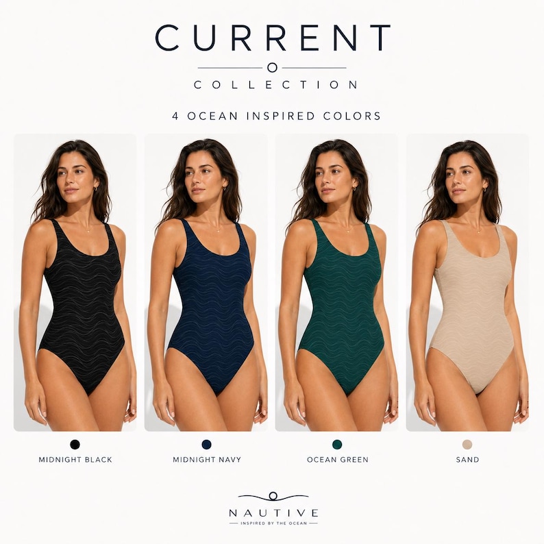 Pode incluir: Um fato de banho de uma pe&ccedil;a com um padr&atilde;o de ondas texturizado, apresentado em quatro cores: preto meia-noite, azul marinho meia-noite, verde oceano e areia. O texto diz CURRENT COLLECTION, 4 OCEAN INSPIRED COLORS e NAUTIVE INSPIRED BY THE OCEAN.