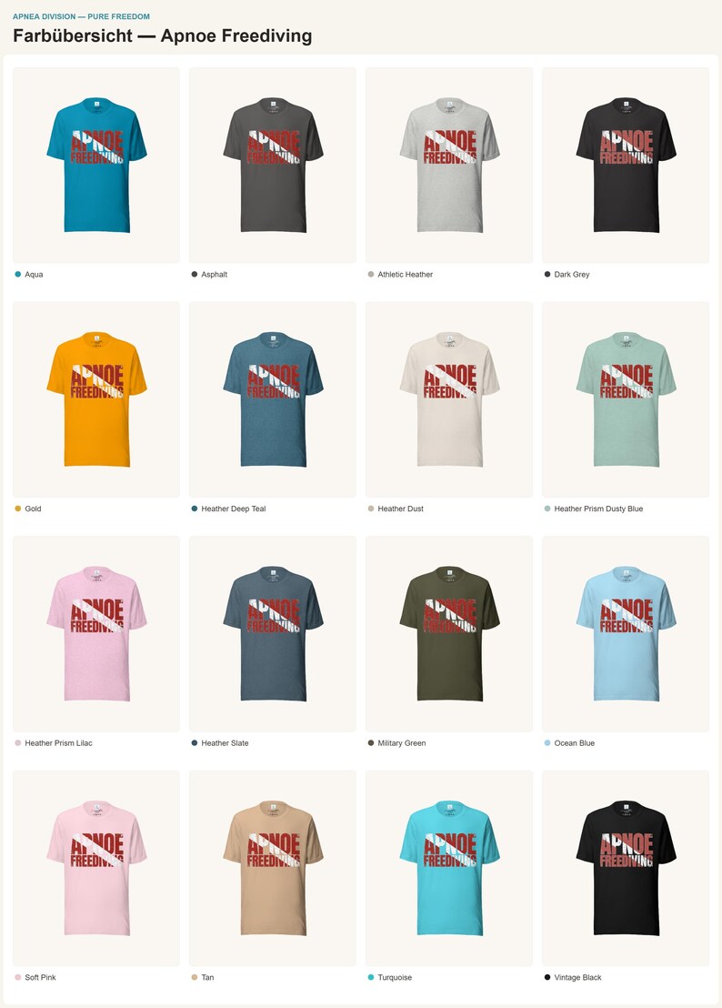 Puede incluir: Una tabla de colores que muestra diecis&eacute;is camisetas de manga corta en varios tonos, cada una con el texto APNOE FREEDIVING y un gr&aacute;fico de bandera de buceo roja y blanca. Los colores incluyen aguamarina, asfalto, gris jaspeado, gris oscuro y oro.