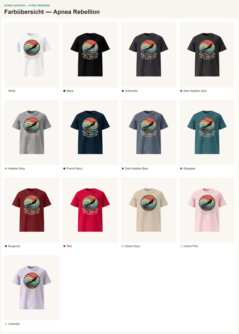 K&ouml;nnte beinhalten: Eine Farb&uuml;bersicht mit dreizehn kurz&auml;rmeligen T-Shirts in verschiedenen Farben wie Wei&szlig;, Schwarz, Grau, Blau, Rot und Rosa. Jedes T-Shirt zeigt eine kreisf&ouml;rmige Grafik eines Tauchers mit dem Text Apnea Rebellion One Kick at a Time.