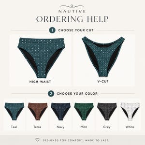 K&ouml;nnte beinhalten: Eine Infografik mit dem Titel NAUTIVE ORDERING HELP zeigt zwei Bikini-Unterteil-Schnitte, High-Waist und V-Cut, in einem blaugr&uuml;nen Gittermuster mit wei&szlig;en Punkten. Darunter sind sechs Farboptionen abgebildet: Blaugr&uuml;n, Terra, Marine, Mint, Grau und Wei&szlig;.