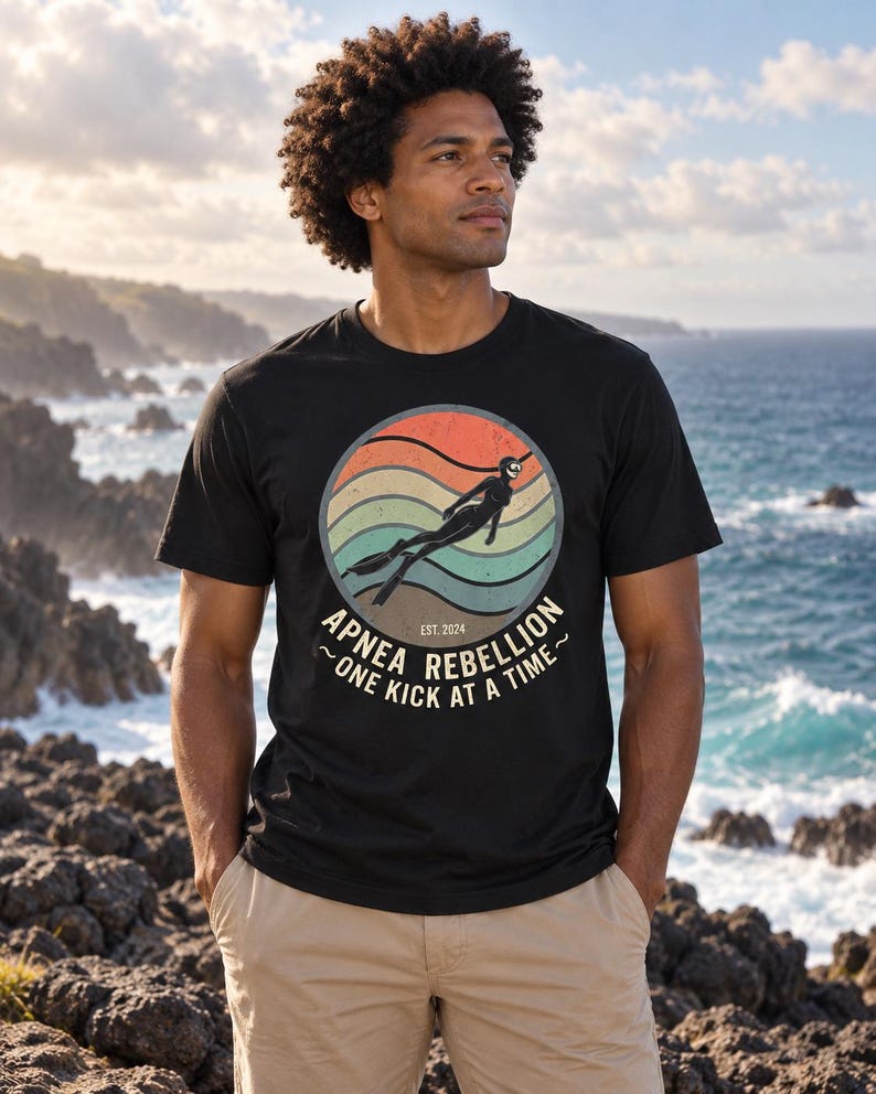 K&ouml;nnte beinhalten: Ein schwarzes Kurzarm-T-Shirt mit einer kreisf&ouml;rmigen Grafik in Retro-Sonnenuntergangsfarben wie Orange, Beige und Blaugr&uuml;n. Das Motiv zeigt einen Apnoetaucher sowie den Text "APNEA REBELLION", "EST. 2024" und "ONE KICK AT A TIME".