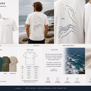 K&ouml;nnte beinhalten: Ein kurz&auml;rmeliges T-Shirt in Wei&szlig;, French Navy, Stargazer, Khaki oder Desert Dust mit einer schwarzen Linien-Grafik von Ozeankonturen auf dem R&uuml;cken und dem Wort NAUTIVE mit Wellen-Symbol auf der Brust. Enth&auml;lt eine Gr&ouml;&szlig;entabelle in cm.