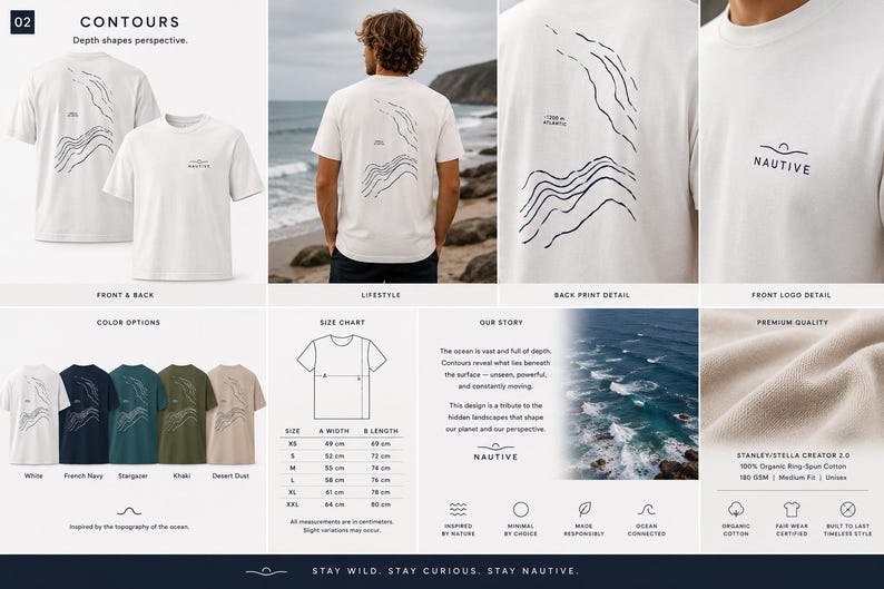 K&ouml;nnte beinhalten: Ein kurz&auml;rmeliges T-Shirt in Wei&szlig;, French Navy, Stargazer, Khaki oder Desert Dust mit einer schwarzen Linien-Grafik von Ozeankonturen auf dem R&uuml;cken und dem Wort NAUTIVE mit Wellen-Symbol auf der Brust. Enth&auml;lt eine Gr&ouml;&szlig;entabelle in cm.