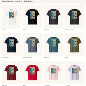 Puede incluir: Una colecci&oacute;n de doce camisetas de manga corta en varios colores incluyendo blanco, negro, antracita, gris oscuro, azul marino, azul, verde azulado, caqui, burdeos, rojo, rosa y lavanda, con un gr&aacute;fico de un buceador y el texto INTO THE DEEP.