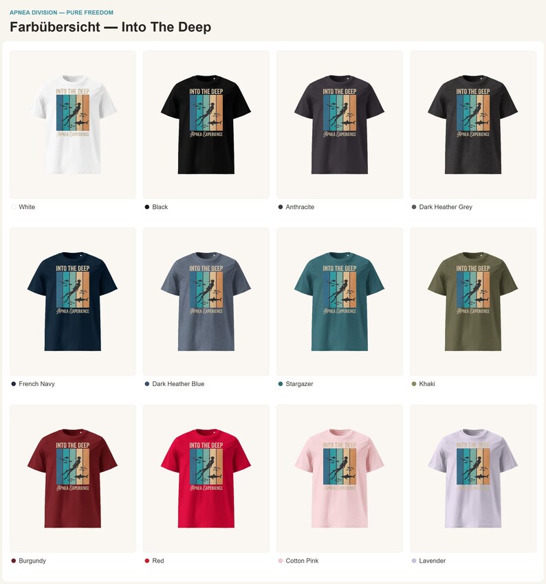 Puede incluir: Una colecci&oacute;n de doce camisetas de manga corta en varios colores incluyendo blanco, negro, antracita, gris oscuro, azul marino, azul, verde azulado, caqui, burdeos, rojo, rosa y lavanda, con un gr&aacute;fico de un buceador y el texto INTO THE DEEP.