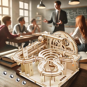 May include: A wooden marble run with a complex design, featuring ramps, curves, and a large gear. Several silver marbles are positioned near the base. The background shows a classroom setting with students and a teacher.