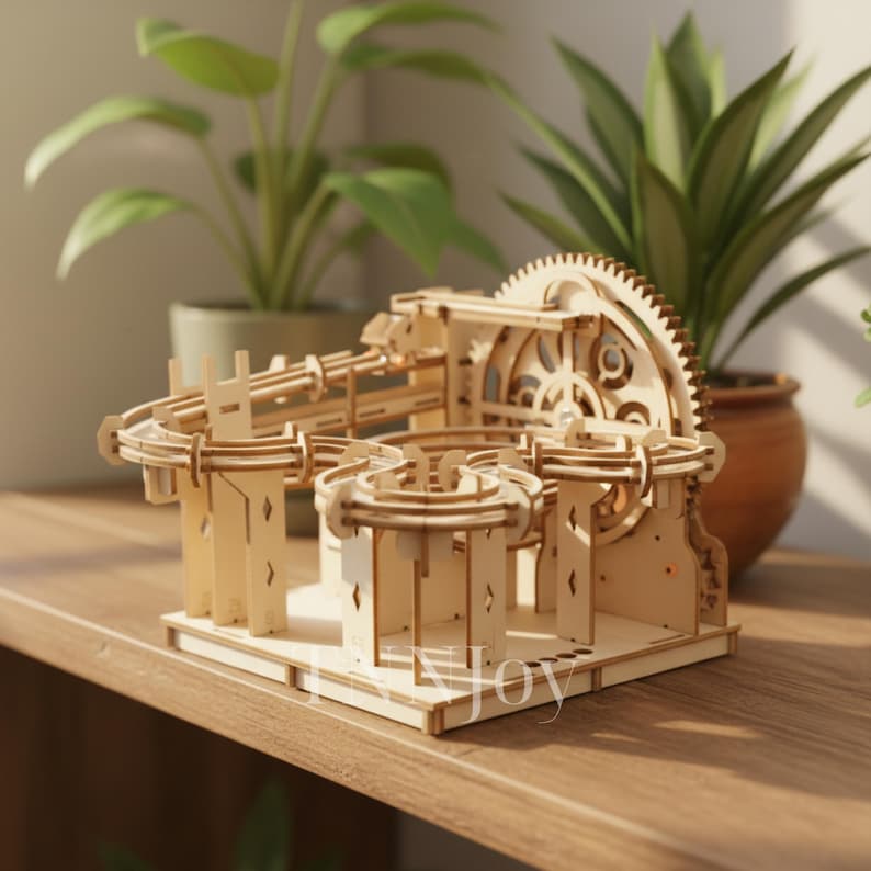 May include: A wooden marble run kit, featuring a complex design with gears, ramps, and tracks. The natural wood color highlights the intricate construction. The base has the text "Joy". This DIY kit is a fun project for all ages.