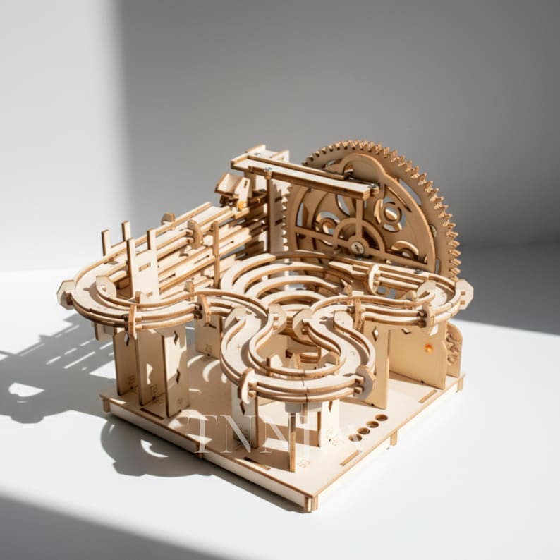 May include: A wooden marble run kit, featuring a complex track design with curves, ramps, and a large gear mechanism. The natural wood color creates a warm, inviting aesthetic. The kit is designed for assembly and play.