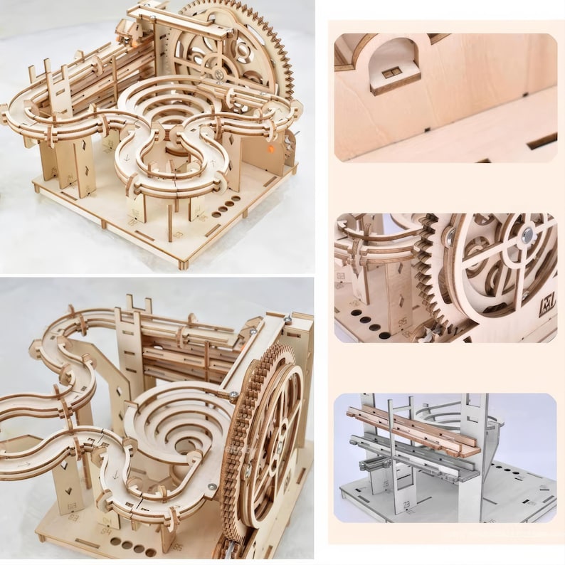 May include: A wooden marble run kit, featuring a complex track design with gears, ramps, and curves. The natural wood color highlights the intricate construction. The kit includes a large gear wheel and multiple levels for the marbles to travel through.