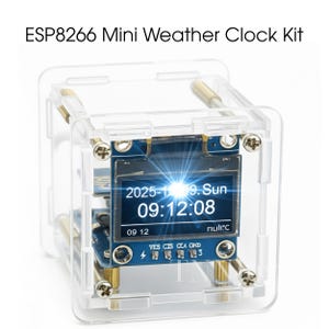 May include: A clear, cube-shaped ESP8266 Mini Weather Clock Kit. The digital display shows the date, time, and temperature. The text "ESP8266 Mini Weather Clock Kit" is at the top. The clock is held together with gold-colored screws.