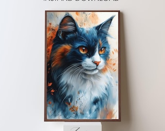 Colorful Cat Watercolor Painting | Abstract Feline Wall Art | Vibrant Pet Portrait | Instant Digital Download