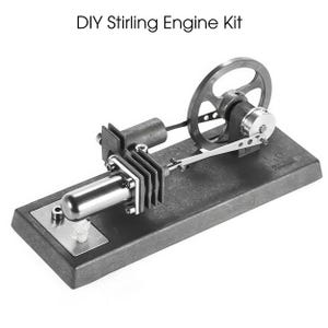May include: A DIY Stirling Engine Kit, featuring a silver-colored cylinder, a flywheel, and a connecting rod, all mounted on a dark gray rectangular base. The text "DIY Stirling Engine Kit" is displayed at the top.