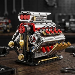 May include: A detailed model of a V8 engine constructed from interlocking plastic bricks. The assembly features a silver engine block, red intake pipes, black drive chains, gold-colored exhaust headers, and a prominent silver air intake scoop.