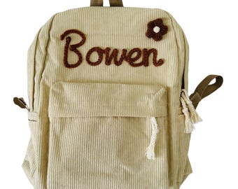 Personalized Hand-Embroidered Corduroy Backpack | Custom Toddler & Kids School Bag