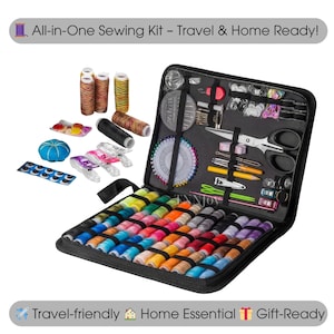 May include: An open black sewing kit with a variety of colorful thread spools, needles, scissors, and other sewing supplies. The kit includes the text "All-in-One Sewing Kit - Travel & Home Ready!" and "Travel-friendly Home Essential Gift-Ready".