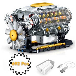 May include: A detailed engine model with transparent sections showcasing internal workings. It features a fan, gears, and metallic and gold-coloured components. The image also includes a battery pack, a USB cable, and a circular graphic with the text "692 Pcs."