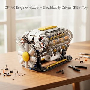 May include: A DIY V8 engine model STEM toy. The model features a clear plastic housing, white and yellow accents, and a fan. The text "DIY V8 Engine Model - Electrically Driven STEM Toy" is visible. Tools and small parts are scattered on the wooden surface.