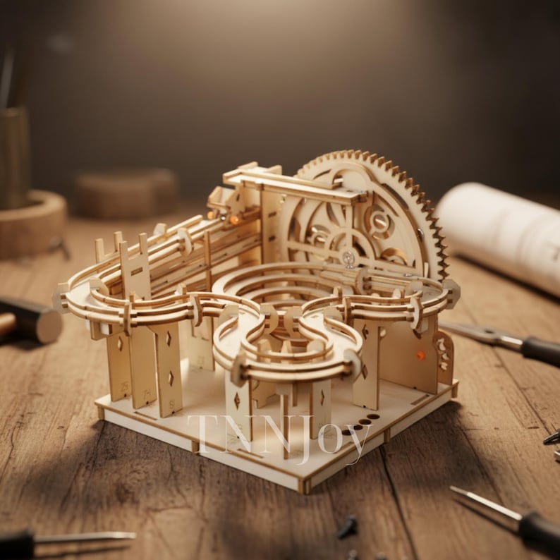 May include: A wooden marble run kit, featuring a complex track design with gears and ramps. The kit is made of light-colored wood and sits on a wooden surface. The text "TNNJOY" is visible on the base.