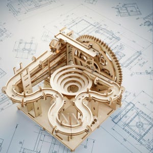 May include: A wooden marble run kit with a complex design featuring ramps, a spiral, and a large gear. The kit is made of light-colored wood and sits on a blueprint background. The marble run is a fun and engaging activity.