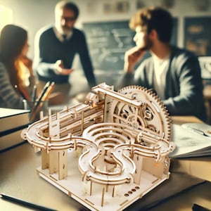May include: A wooden marble run with a complex design, featuring ramps, gears, and tracks. The natural wood color contrasts with the background of a meeting or classroom setting. The intricate construction suggests a puzzle or educational toy.