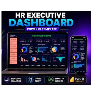 Pode incluir: Um laptop e um smartphone exibem um painel executivo de RH, um modelo Power BI. As telas mostram visualizações de dados com gráficos. A imagem inclui o texto "HR EXECUTIVE DASHBOARD" e ícones para análise e mobilidade.