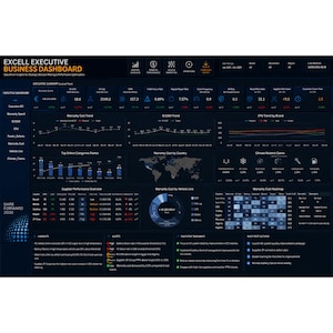Puede incluir: Un panel de control empresarial digital de fondo oscuro titulado EXCELL EXECUTIVE BUSINESS DASHBOARD, que presenta diversas visualizaciones de datos, incluyendo gráficos de líneas, barras, un mapa mundial, un gráfico circular y un mapa de calor.