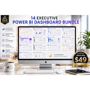 以下が含まれることがあります： 14種類のExecutive Power BIダッシュボードバンドルを表示するコンピュータモニター。画面には、プロフェッショナルでモダン、かつ完全にカスタマイズ可能なテンプレートが並んでいます。Focus Plan Execute Succeedと書かれた白いマグカップが近くに置かれています。