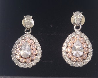 Pear Cut White Sapphire Two Tone Earrings