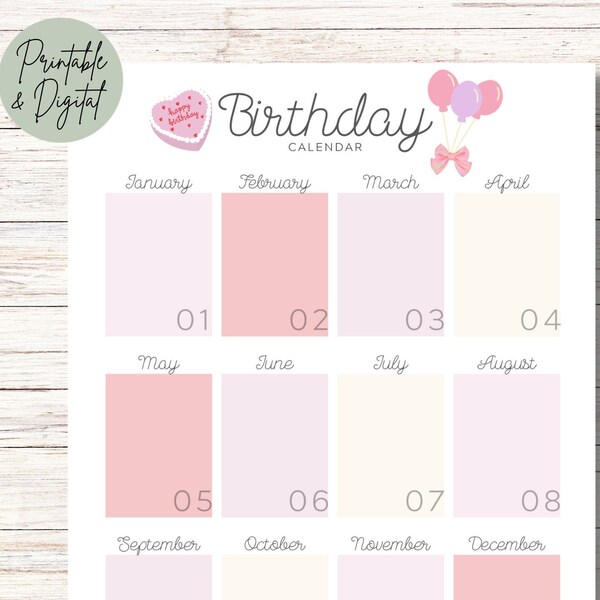Printable Pastel Pink Birthday Calendar - Elegant Organizer, DIY Calendar, Pink Theme - Organize and Celebrate in Style!