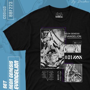 May include: Black t-shirt with a white graphic print of a character from the anime Neon Genesis Evangelion. The graphic includes the text "Neon Genesis Evangelion", "Eva 01", and "碇シンジ".