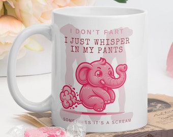 Personalized Farting Elephant Yoga Mug - 'Whisper in My Pants' Funny Coffee Cup - Custom Initials - Pink Elephant Design - 11oz/15oz