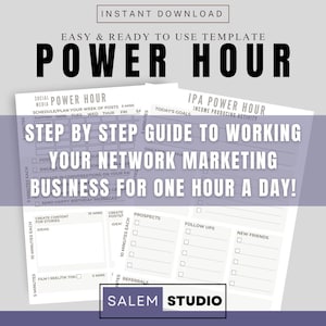 Könnte beinhalten: Ein schwarz-weißer druckbarer Planer mit dem Titel "Power Hour" und "IPA Power Hour". Der Planer ist eine Schritt-für-Schritt-Anleitung, um Ihr Netzwerkmarketing-Geschäft eine Stunde pro Tag zu betreiben. Er enthält Abschnitte für soziale Medien, Ziele, potenzielle Kunden, Nachverfolgungen und neue Freunde.