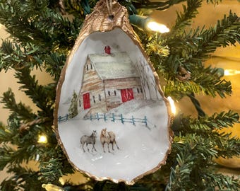 Christmas Barn with Horses Decoupaged Oyster Shell Ornament