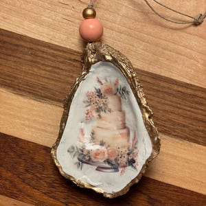 Wedding Cake Decoupaged Oyster Shell Ornament