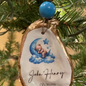 Personalized Blue Bear Baby Oyster Shell Ornament - Item #4006