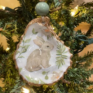 Cute Bunny Decoupaged Oyster Shell Ornament