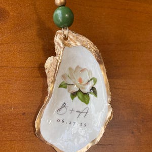 Personalized Magnolia Wedding Oyster Shell Ornament