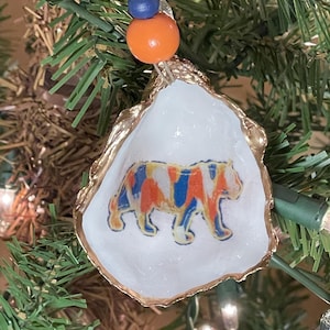 Auburn Orange and Blue Tiger Decoupaged Oyster Shell Ornament
