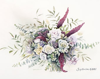 Custom Wedding Bouquet Watercolor Painting keepsake wedding gift anniversary gift personalized gift