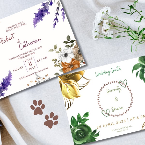 Emerald Green Lavender Brown Pet Wedding Invitations, Mix and Match Pet Save the Date and Wedding Invitations, Canva, Instant Download